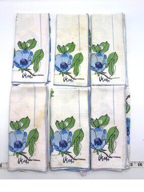 Vintage Vera Neumann Blue Floral Cloth Cotton Napkins Set 6 16x16 Minor Stains W
